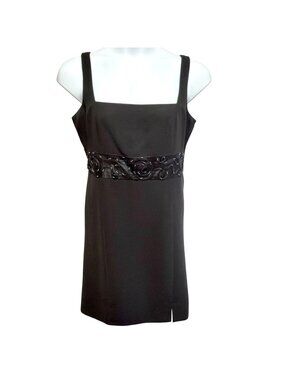 VTG Evan Picone Black Beaded Empire Waist Cocktail Dress Sleeveless Size 16 LBD